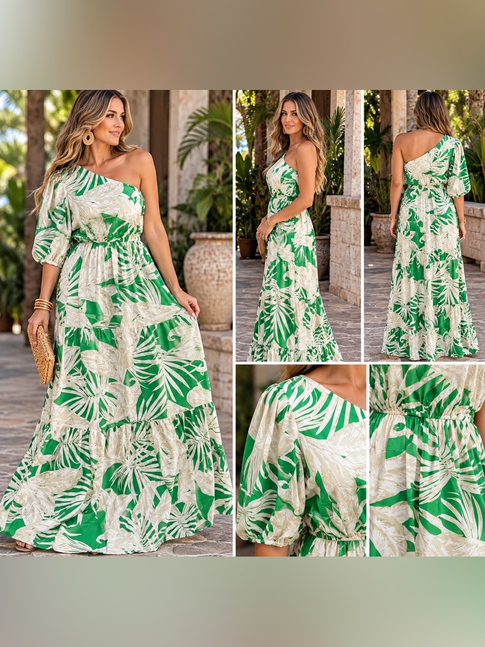 Flying Tomato One-Shoulder Green and Cream Tropical Maxi